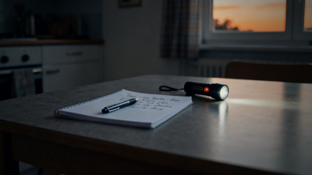 Notizblock und Stift auf dem Tisch zum Aufschreiben der Absprachen für den Stromausfall zu Hause