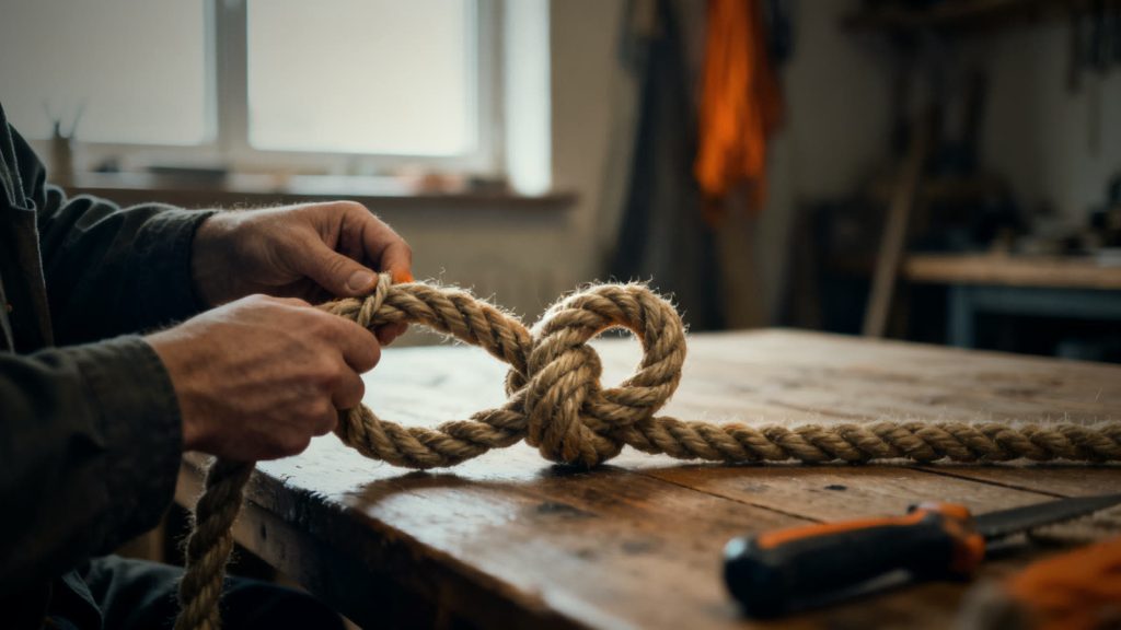 Manos haciendo un nudo en ocho con una cuerda resistente sobre una mesa de madera con luz natural