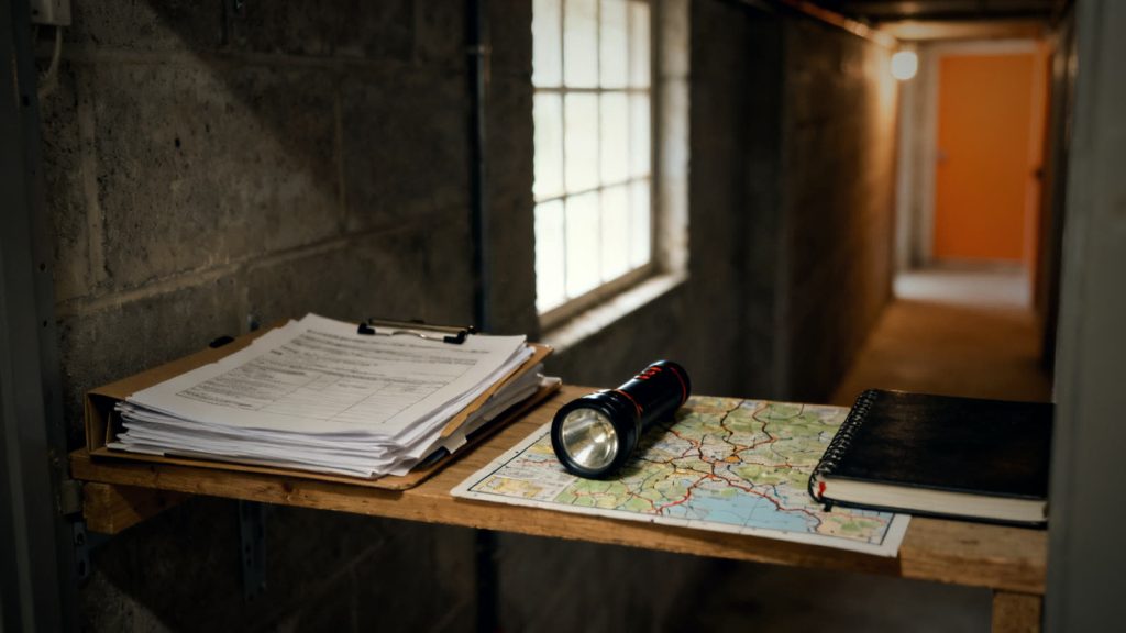 Carpeta con documentos impresos, mapa y linterna como información disponible sin conexión en el hogar
