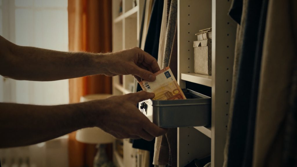 Unas manos guardan una pequeña caja de caudales con la reserva de dinero en efectivo en un compartimento discreto de un armario