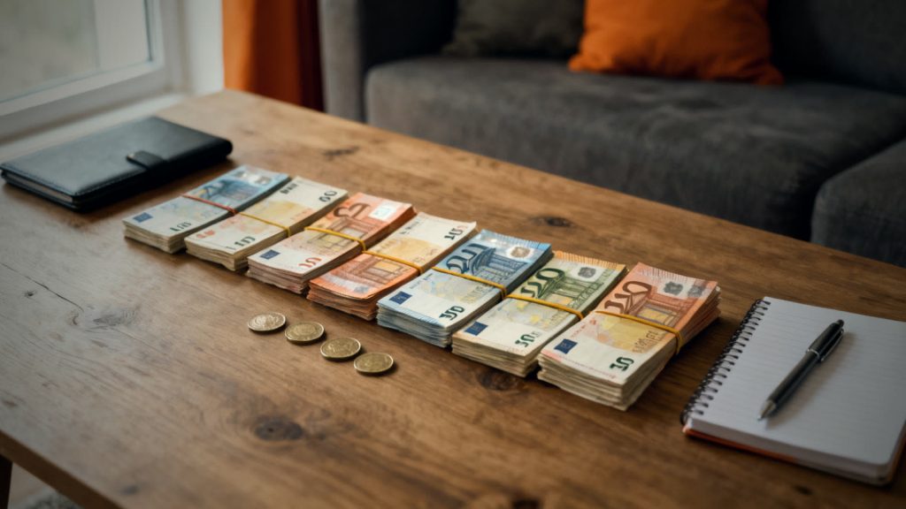 Billetes de euro de distintos valores, agrupados y ordenados sobre una mesa de madera como reserva de efectivo