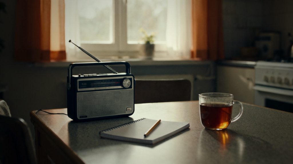 Radio a pilas sobre una mesa de cocina como fuente de información fiable sin internet