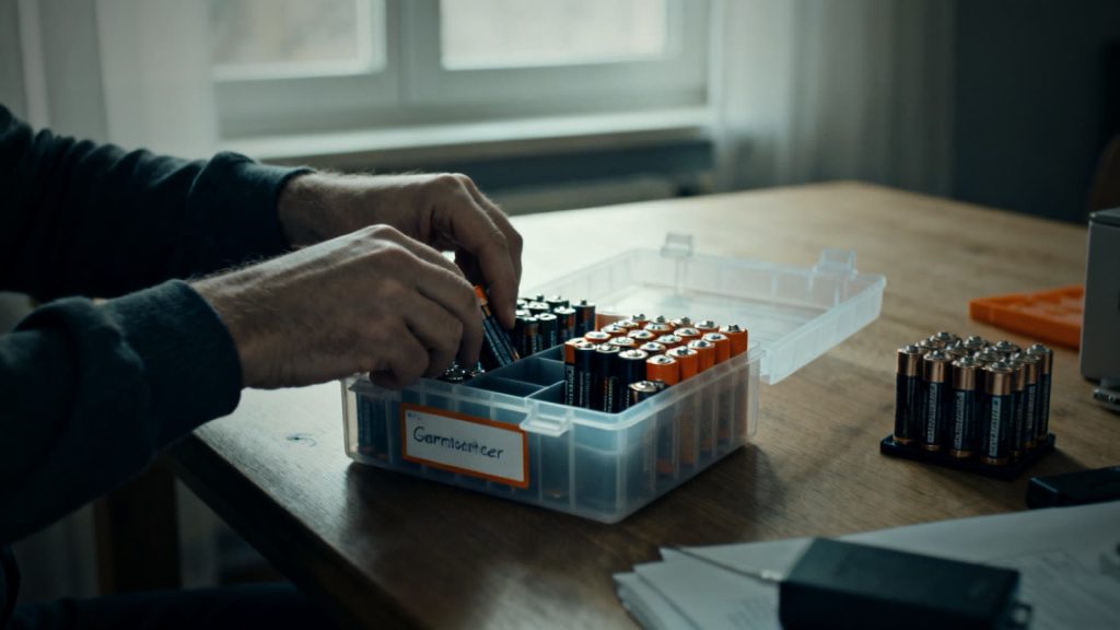 Sorted batteries and rechargeable batteries in a storage box in a cool, dry place