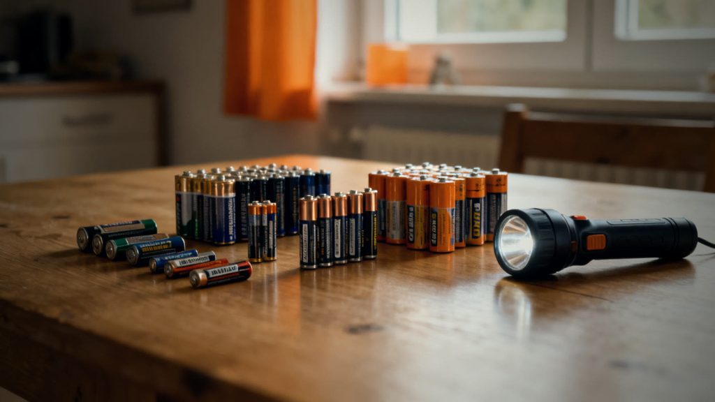 Batterien und Taschenlampe sortiert auf einem Tisch für den Batteriecheck beim Notvorrat überprüfen