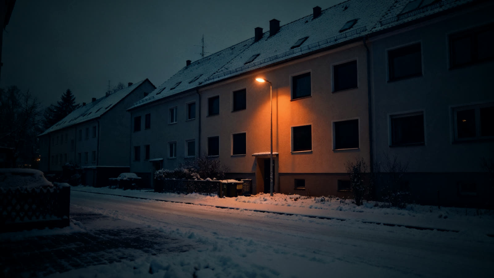 Dunkle, verschneite Wohnstraße bei Nacht nach dem Blackout in Berlin 2026, nur eine Laterne leuchtet