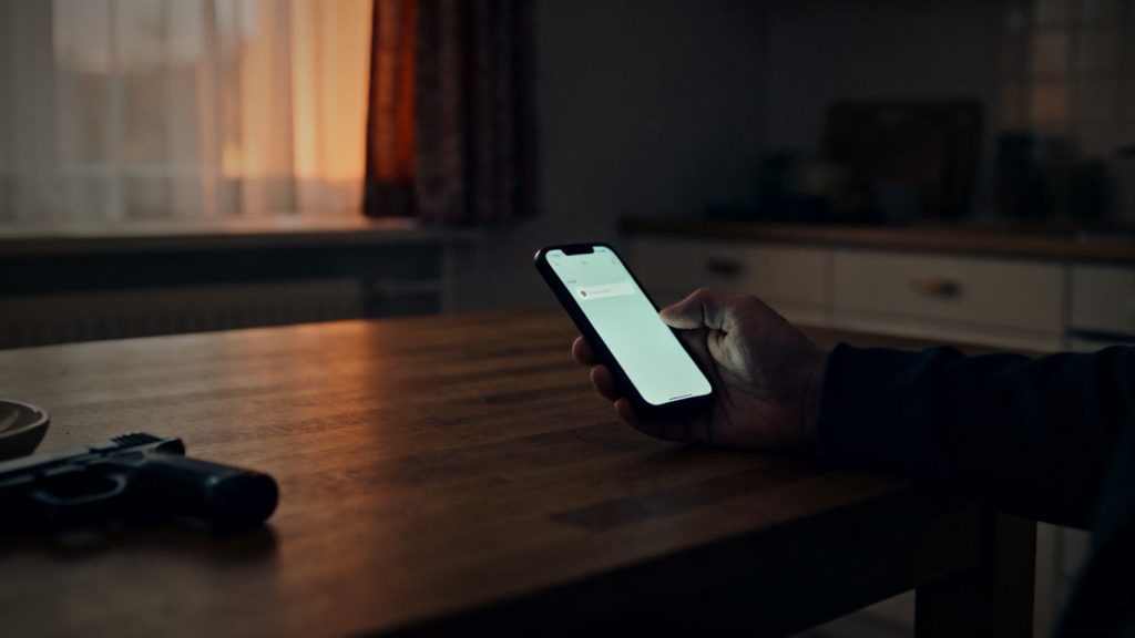 Hand hält Smartphone mit Warnmeldung am Küchentisch, Thema Cell Broadcast Warnung