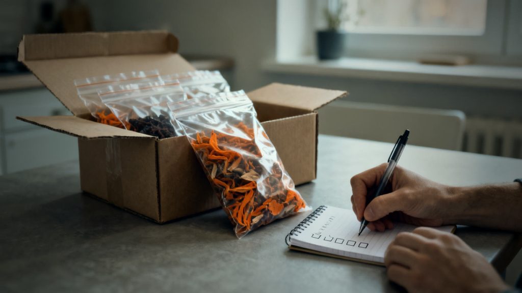 Checkliste und verpackte Vorräte auf einem Küchentisch zur Planung von Lebensmitteln mit langer Haltbarkeit