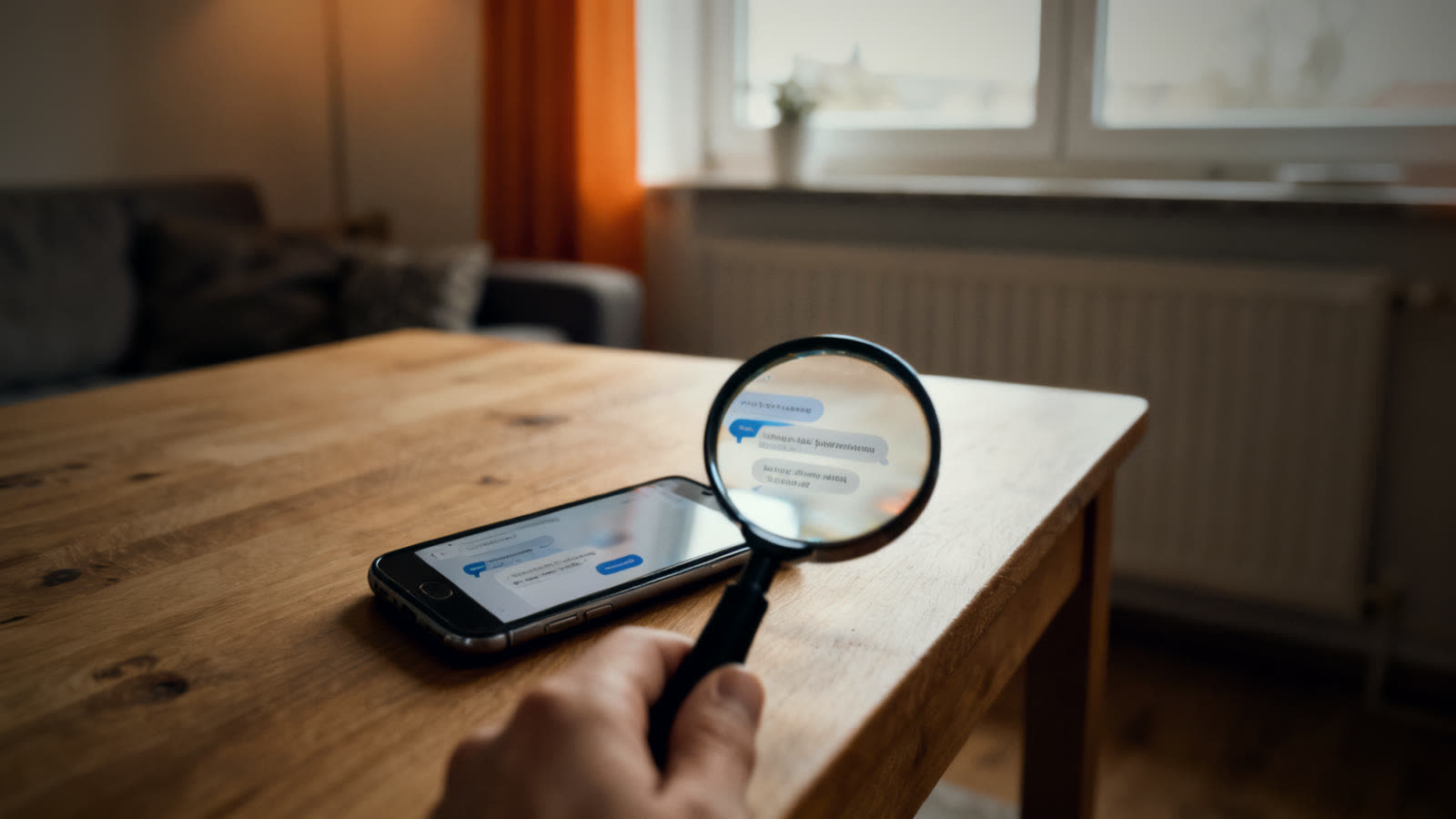 Smartphone mit verschwommenen Chat-Blasen und Lupe, um Desinformation zu erkennen