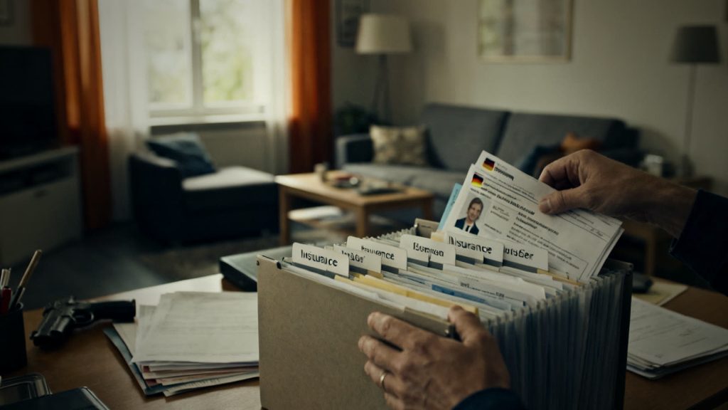 Hände ordnen wichtige Papiere in eine beschriftete Dokumentenmappe für den Notfall