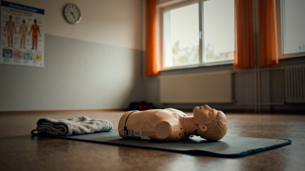 Training manikin and bandage supplies in a first aid classroom in daylight