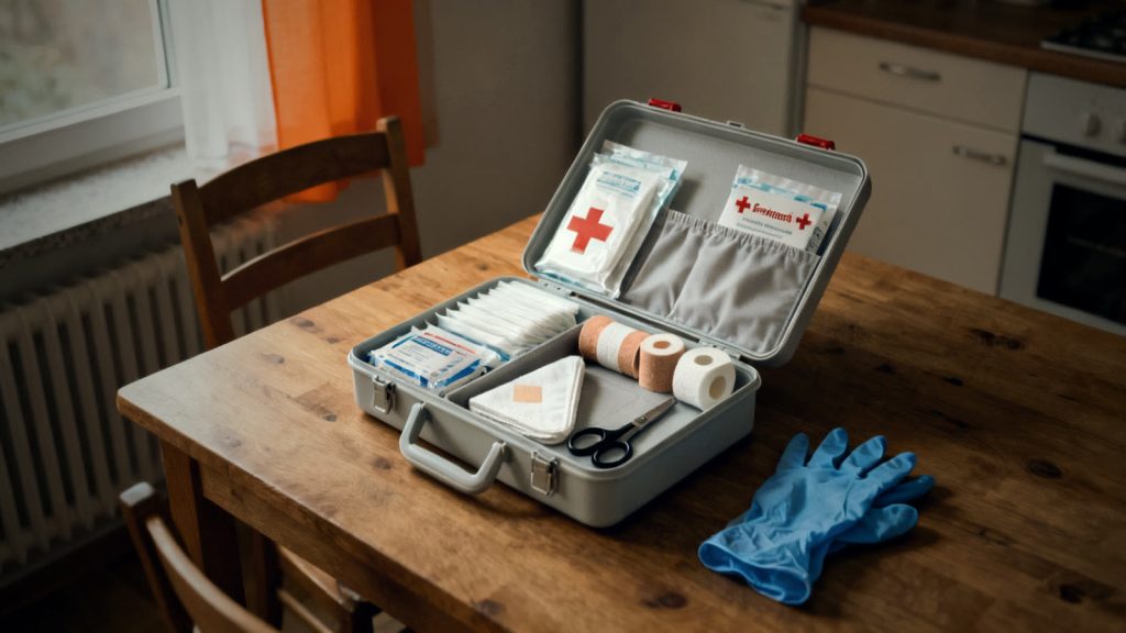 Botiquín abierto con contenido ordenado según la norma para el equipamiento de primeros auxilios