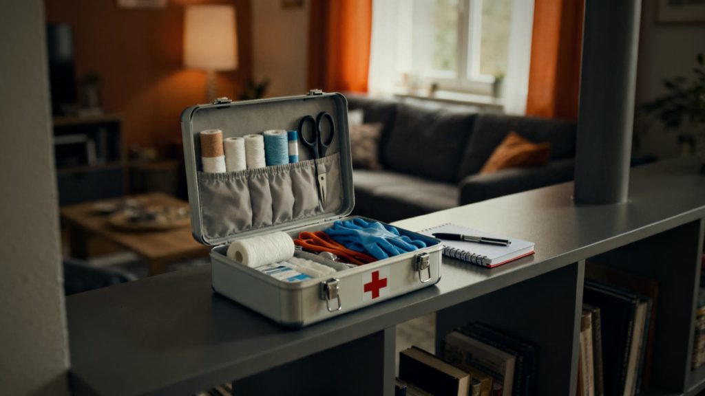 Open first aid kit with neatly organized bandages and dressings on a shelf at home