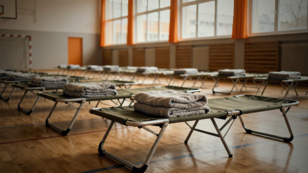 Feldbetten in einer Turnhalle als mögliche Notunterkunft neben einem Notfalltreffpunkt
