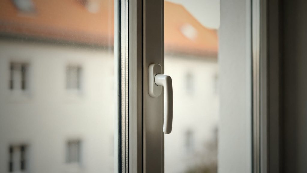 Geschlossener Fenstergriff im Detail als Teil der mechanischen Sicherung zu Hause