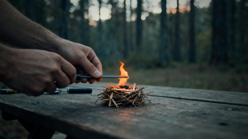 Manos utilizando un pedernal para dirigir las chispas hacia yesca seca y hacer fuego