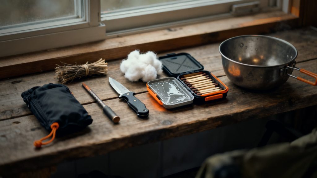 Kit para hacer fuego desplegado con pedernal, yesca y accesorios para la preparación ante una emergencia