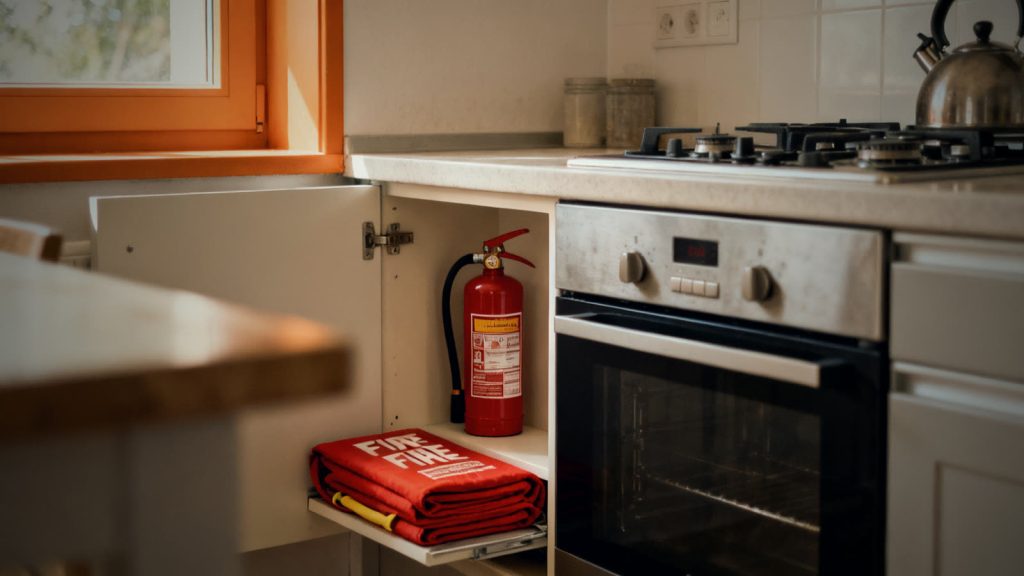 Extintor y manta ignífuga al alcance de la mano en un armario de cocina, equipamiento importante para la protección contra incendios en casa
