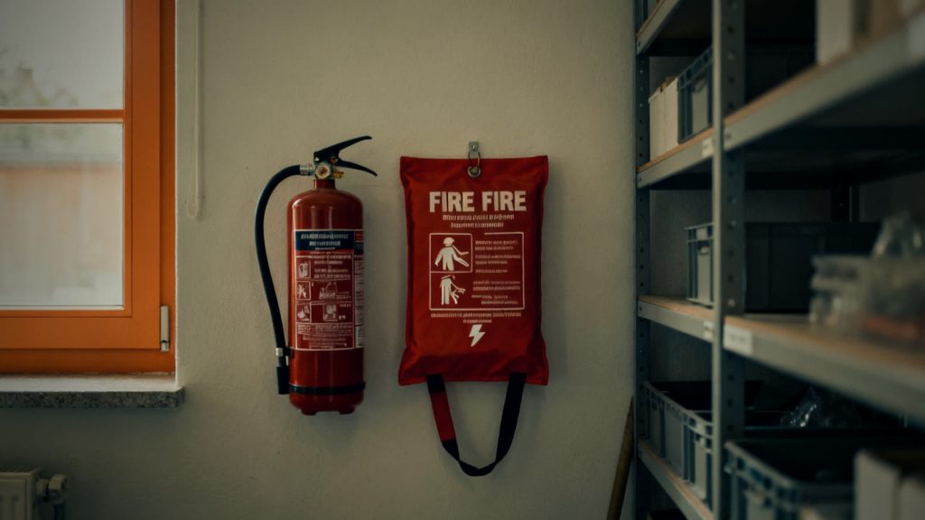 Feuerlöscher und Löschdecke neben einem Lagerregal für Brennstoffe an der Wand montiert