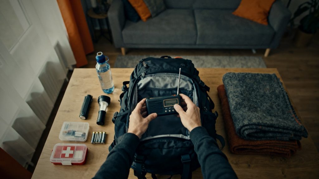 Mochila de emergencia abierta sobre una mesa con el equipamiento básico: agua, linterna y botiquín de primeros auxilios