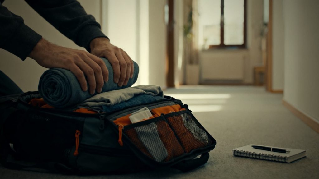 Manos enrollando ropa y colocándola de forma compacta en una mochila de emergencia