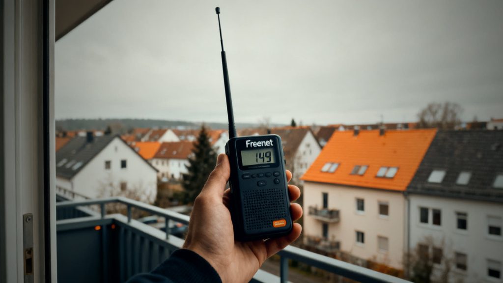 Una mano sostiene un walkie-talkie Freenet en un balcón con vistas a los tejados para comprobar el alcance