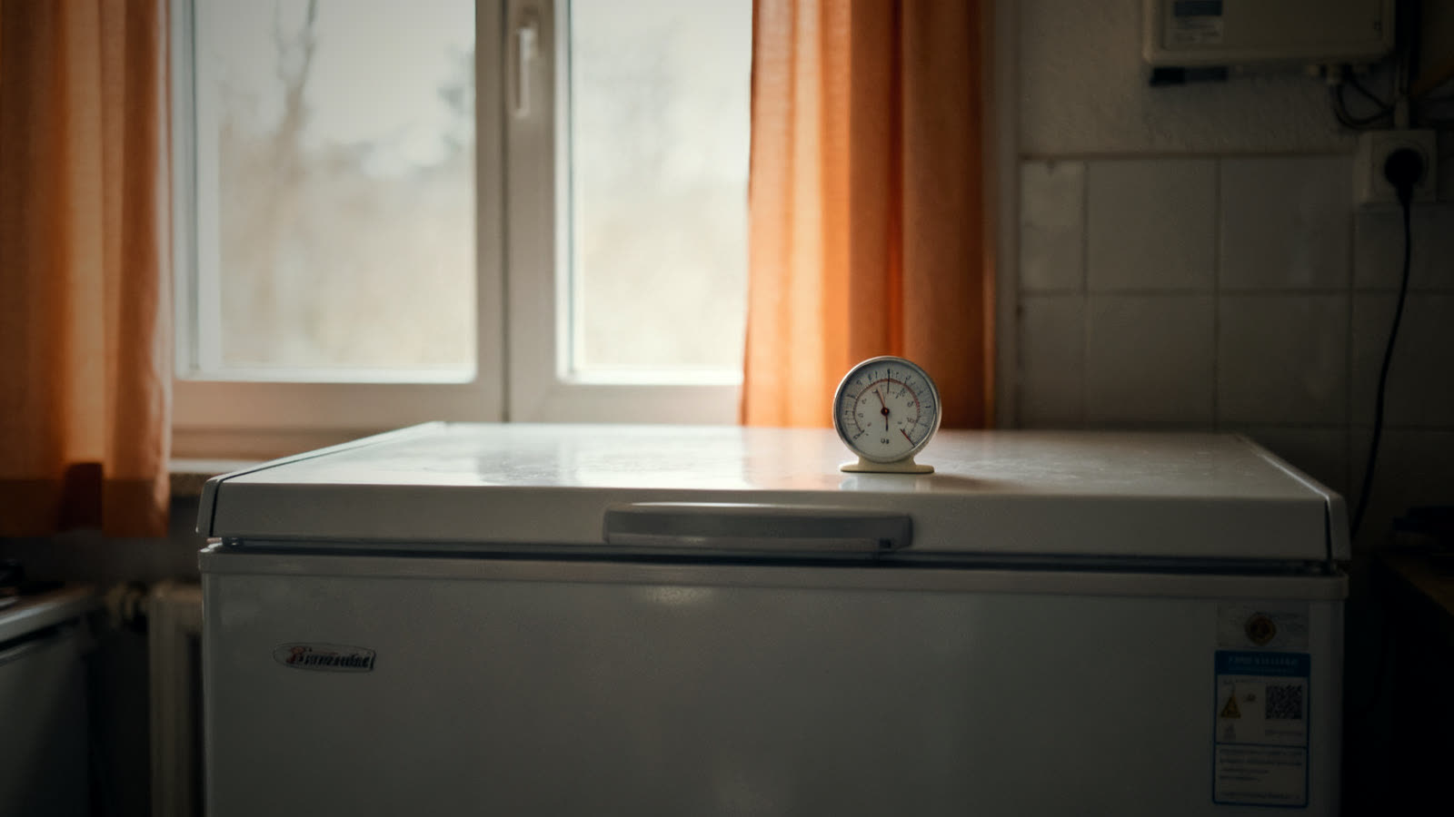 Geschlossene Gefriertruhe mit Thermometer, wichtig bei Gefrierschrank Stromausfall zur Kontrolle der Temperatur
