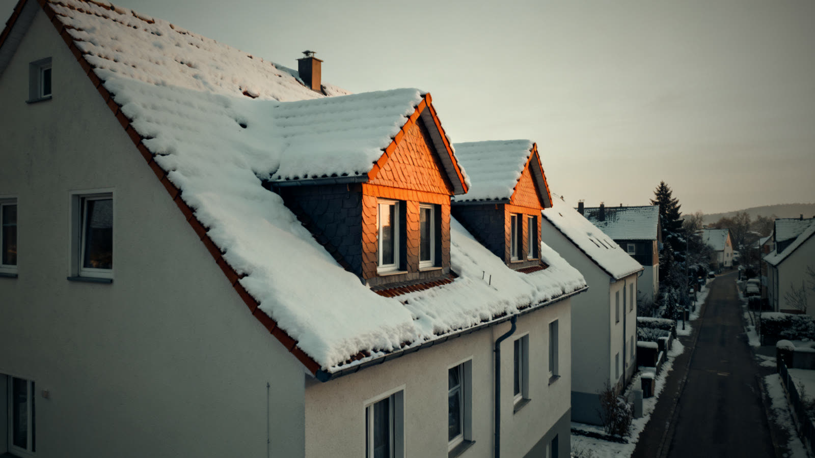Verschneites Einfamilienhaus mit Schnee auf dem Dach, das winterfest gemacht werden soll