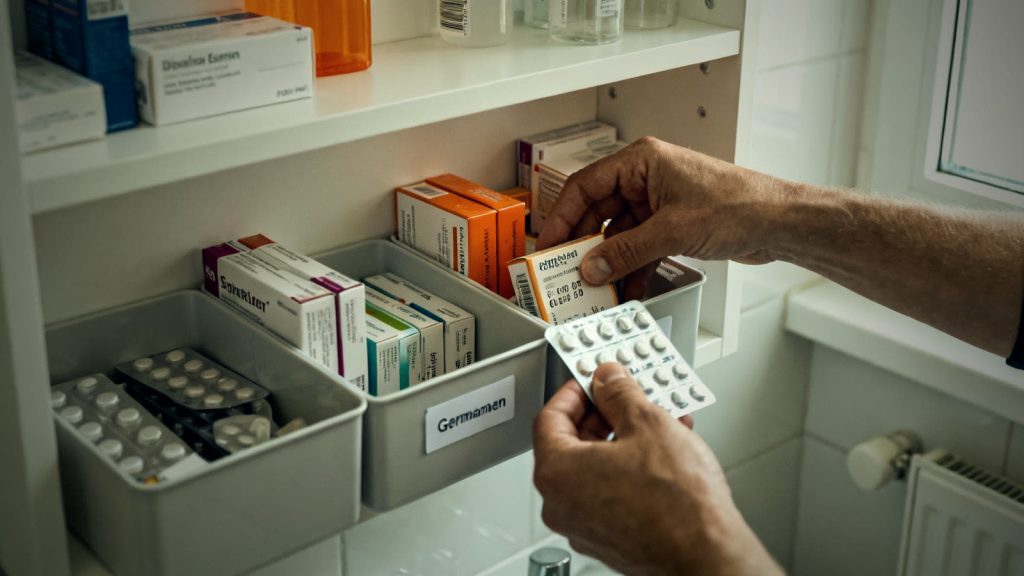 Hände kontrollieren Haltbarkeitsdaten von Medikamenten in der Hausapotheke