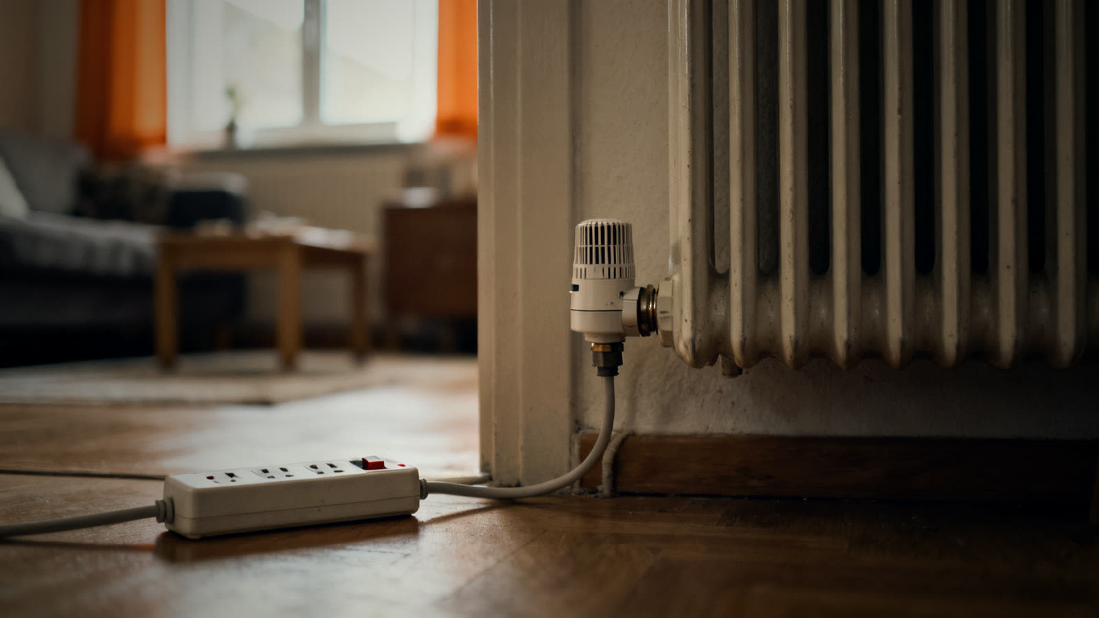 Heizkörper mit Thermostat und ausgeschalteter Steckdosenleiste zeigt, was bei Stromausfall ausfällt