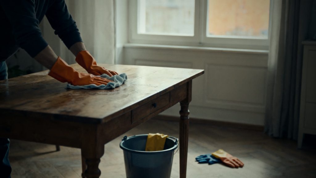 Limpieza tras una inundación: unas manos limpian una mesa de madera con un paño, con un cubo y guantes preparados