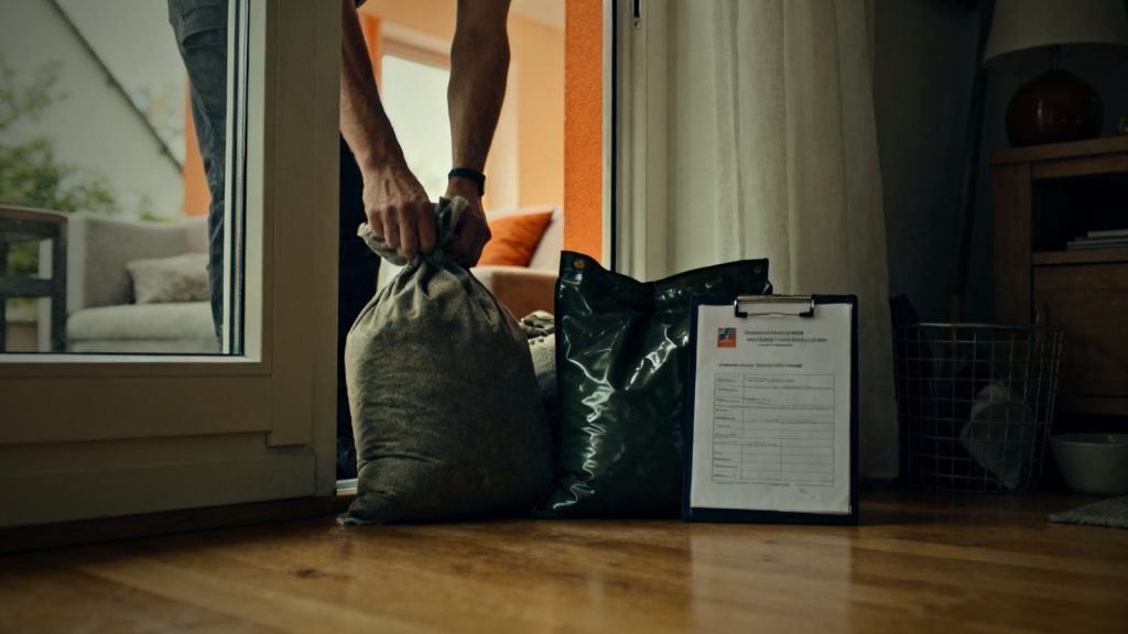 Preparar la protección contra inundaciones: sacos de arena y una carpeta impermeable listos junto a la puerta de una casa
