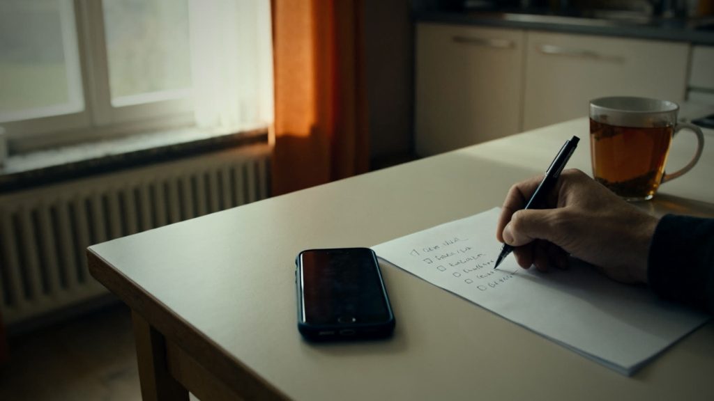 Hand schreibt eine Liste mit Informationsquellen neben ein Smartphone, Desinformation vorbeugen