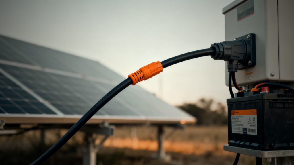 Detailaufnahme der Kabelverbindung zwischen Solarmodul und Speicher für Inselbetrieb beim Balkonkraftwerk