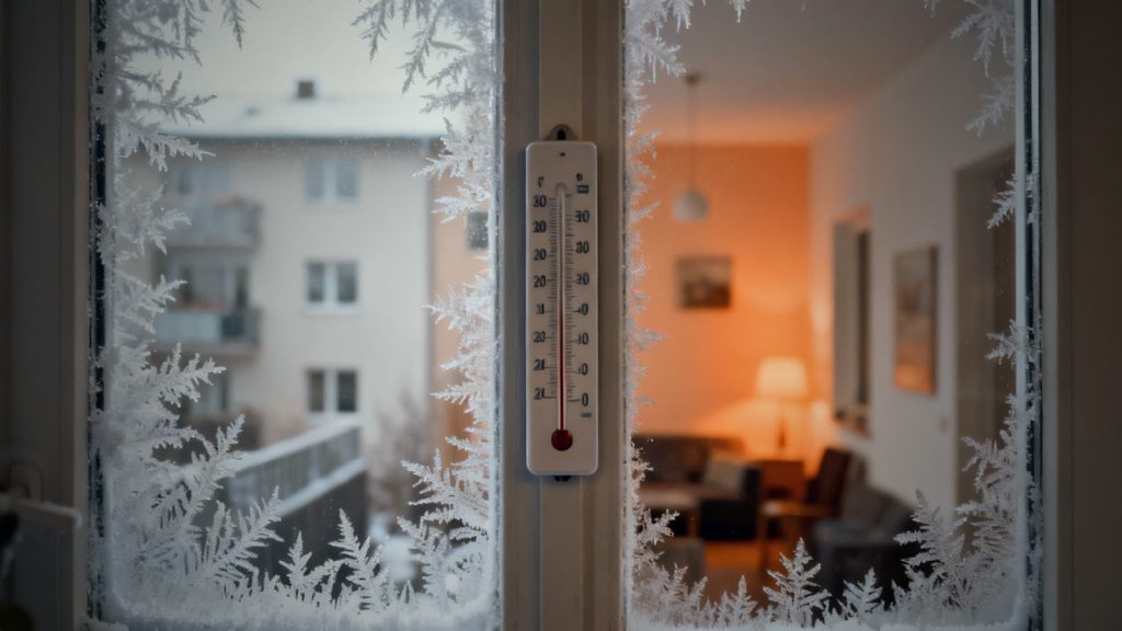 Thermometer an einer kalten Fensterscheibe mit Eisblumen in einer Wohnung bei Stromausfall
