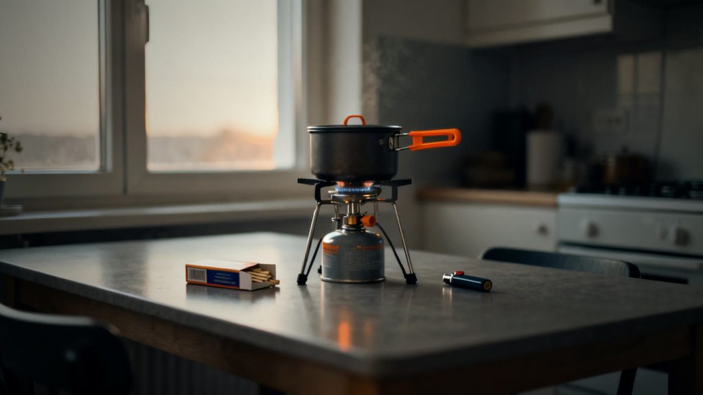 Hornillo de camping con una olla sobre una mesa de cocina como ejemplo de cocinar sin electricidad en casa