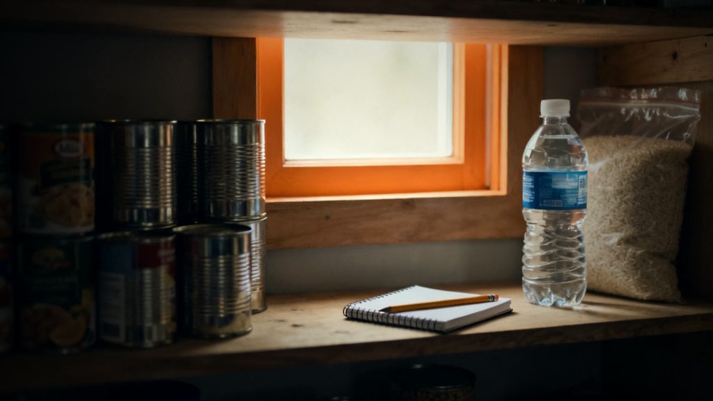 Estantería con conservas, agua y arroz como preparación para cocinar sin electricidad