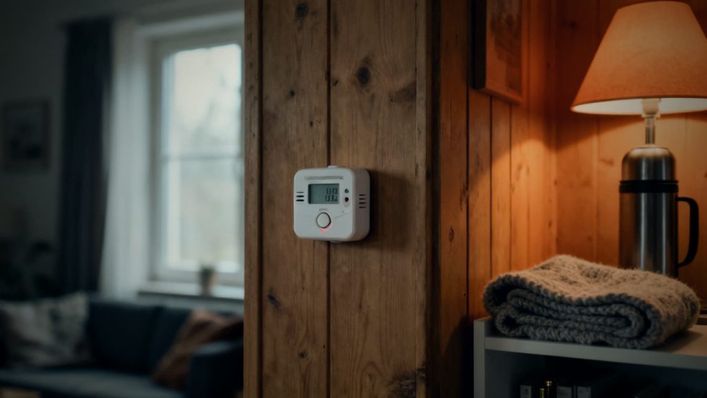 Detector de monóxido de carbono en la pared de un salón, con iluminación cálida al fondo y una manta de lana