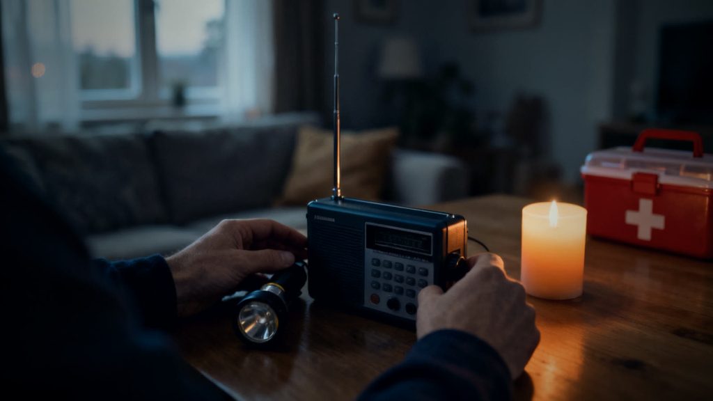 Radio de pilas, linterna y botiquín de primeros auxilios para emergencias en la preparación ante crisis en el hogar