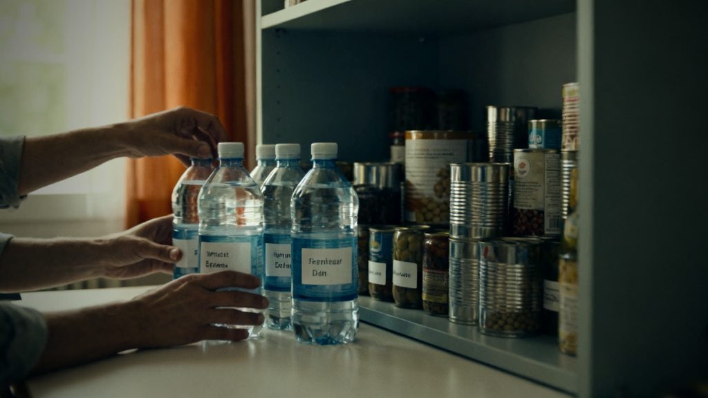 Reserva de garrafas de agua y conservas en la estantería de la cocina como parte de la preparación ante emergencias