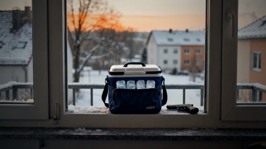 Kühlbox mit Eisakkus auf einem Balkon, Notlösung bei Kühlschrank Stromausfall im Winter