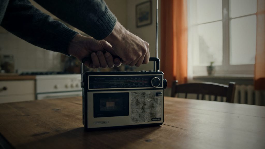 Unas manos dan vueltas a la manivela de una radio sobre una mesa de madera, con luz natural entrando por una ventana