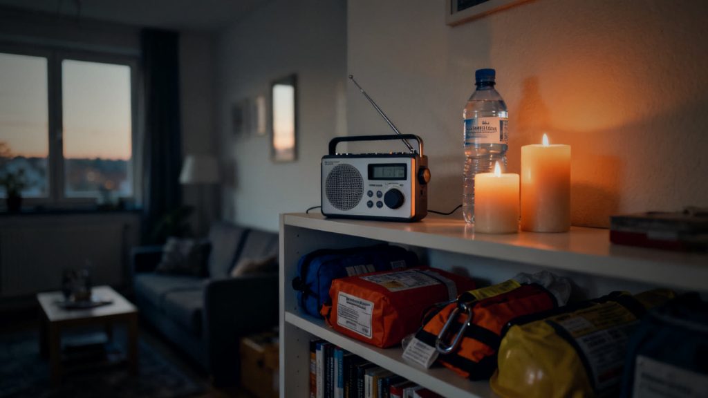 Radio de manivela al alcance de la mano en una estantería, junto a unas velas y una botella de agua, en un salón