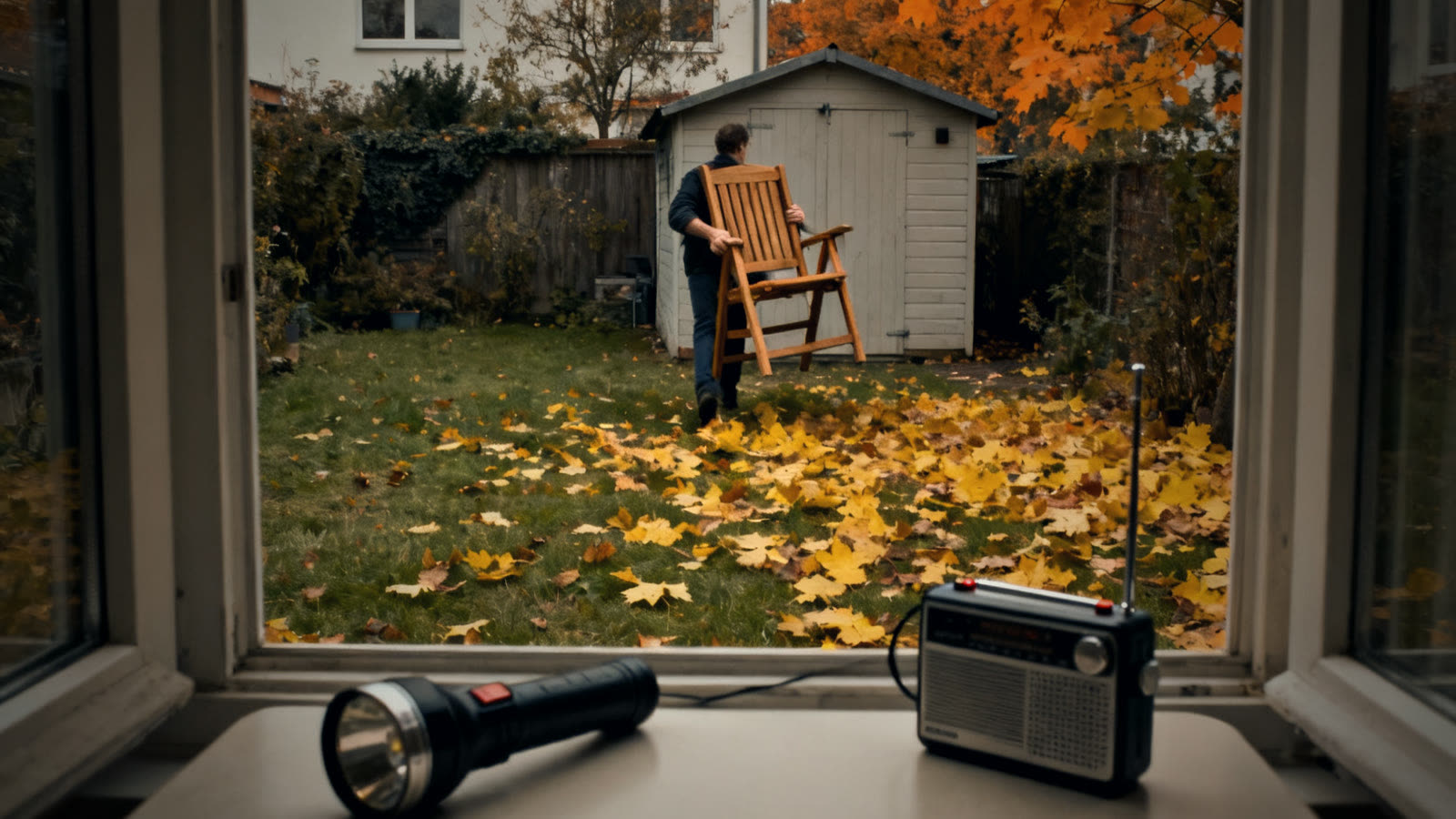 Hände tragen im Herbst einen Gartenstuhl zum Schuppen, daneben Taschenlampe und Radio