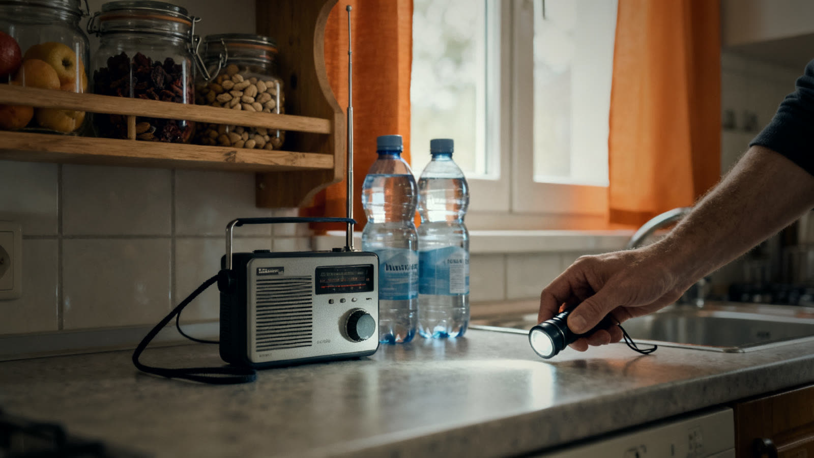 Küchenregal mit Trockenfrüchten, Nüssen und Wasserflaschen, davor Taschenlampe und Kurbelradio im warmen Licht