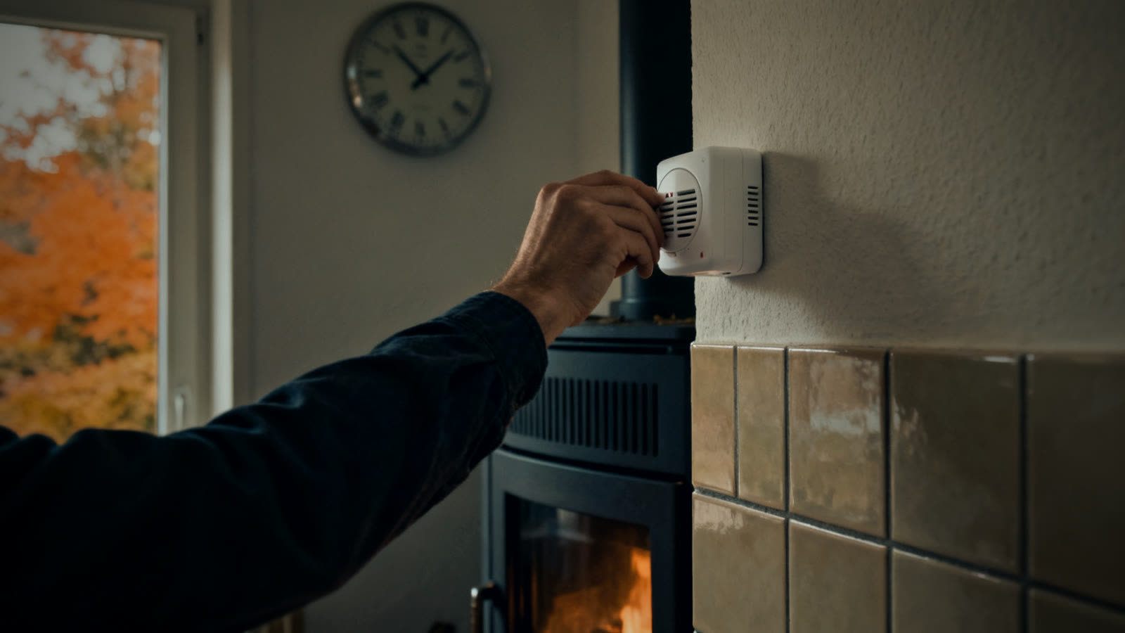 Hand befestigt einen kleinen weißen Melder an der Wand neben einem Kachelofen im Morgenlicht