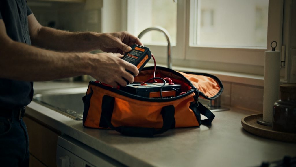 A hand places a lithium battery in a fireproof bag for safe storage