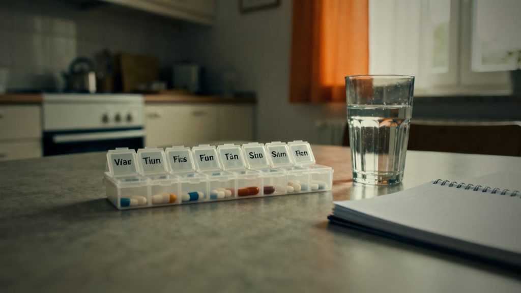 Pastillero semanal para medicamentos sobre una mesa como parte de la preparación para familiares dependientes