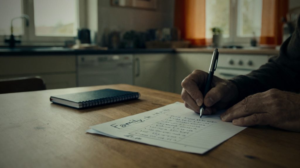 Handschriftliche Notfall-Kontaktliste wird am Küchentisch im Licht des Fensters ausgefüllt