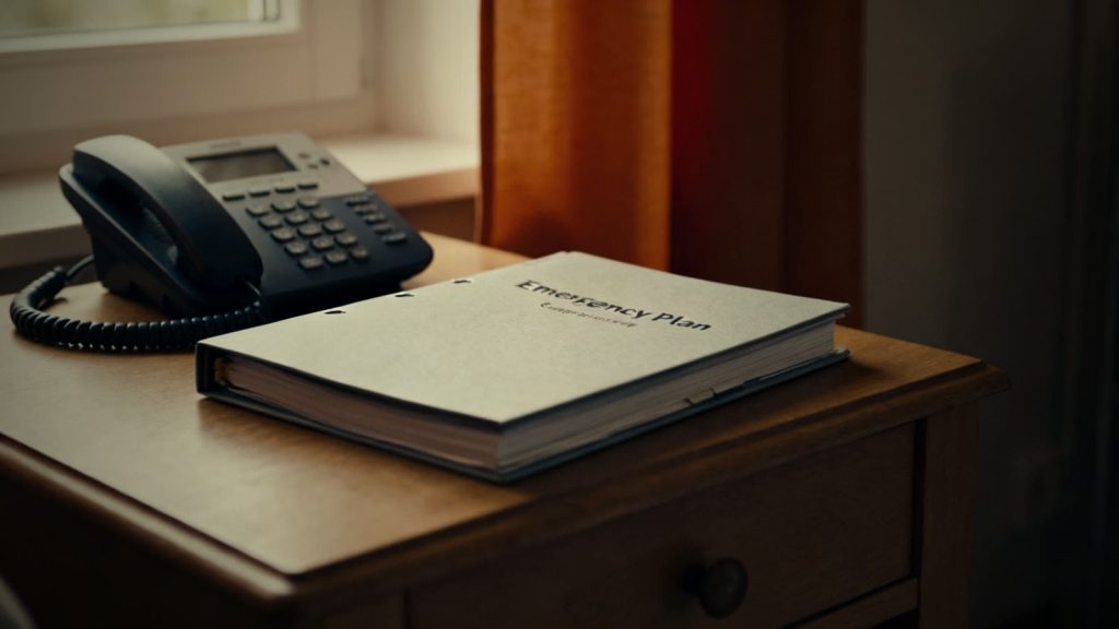 Mappe mit Notfallplan neben dem Telefon für den Stromausfall mit medizinischen Geräten