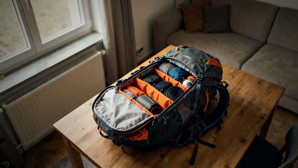 Offener Notfallrucksack mit sortierter Ausrüstung auf einem Holztisch, passendes Volumen erkennbar